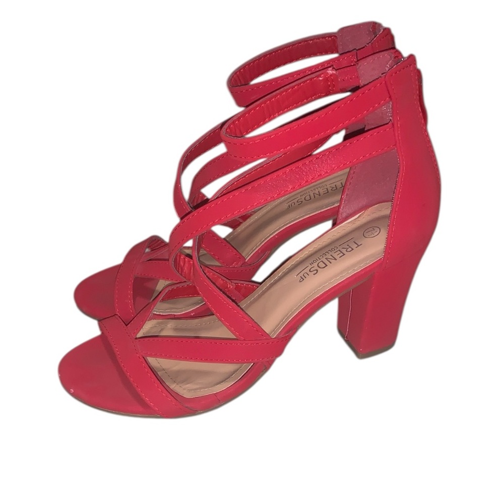 Trends Up Collection Red Ankle Strap Open Toe Chunky High Heels Block Heel Zip